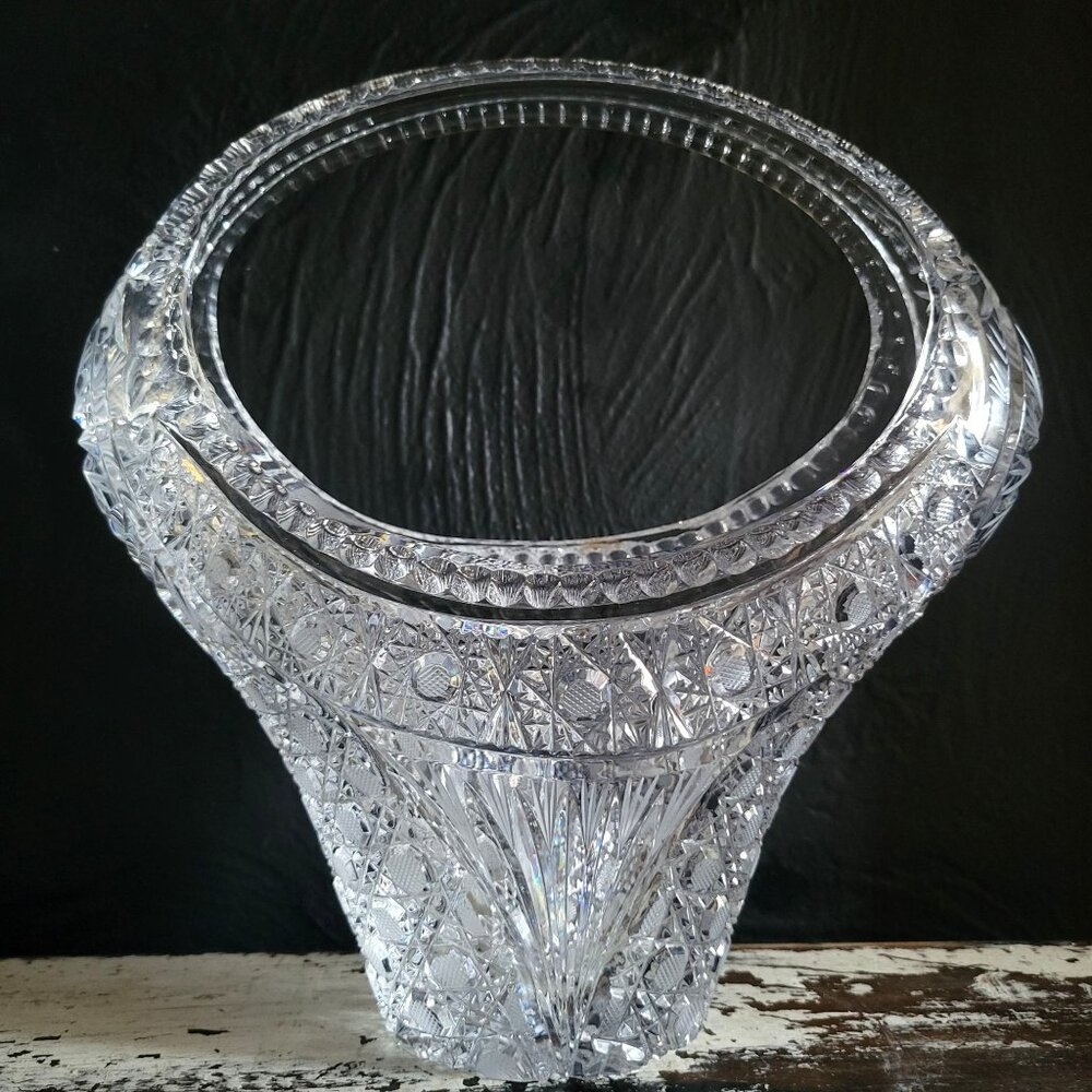 Large Vtg Hand-Cut Lead Crystal Basket Bohemian Crystal Centerpiece Basket 9.75"
